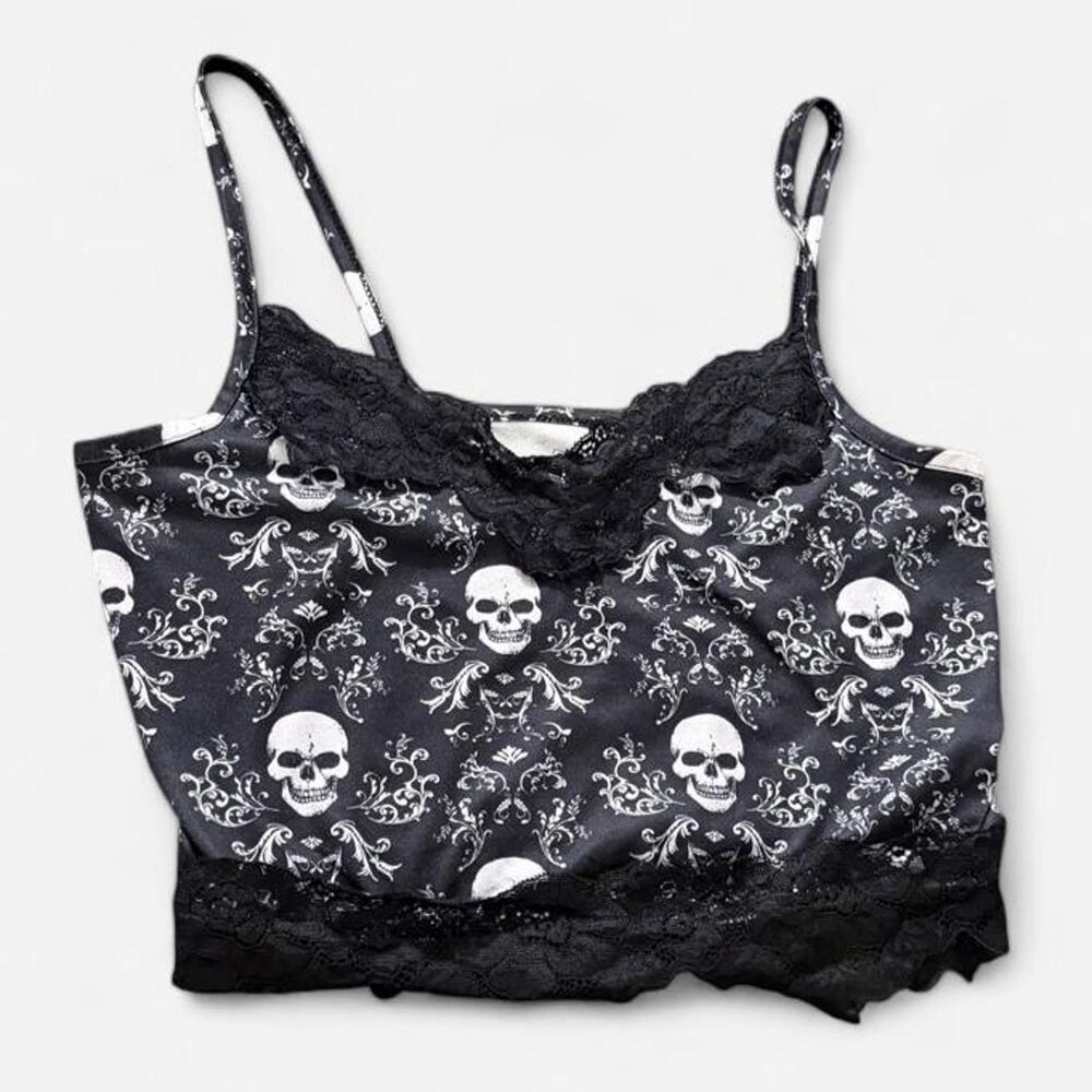 GRUNGE black & white skull damask lace trim cami top, est. S